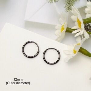 Solid 925 Silver Tiny Small Medium Hoop Earrings-Black 12mm SH022